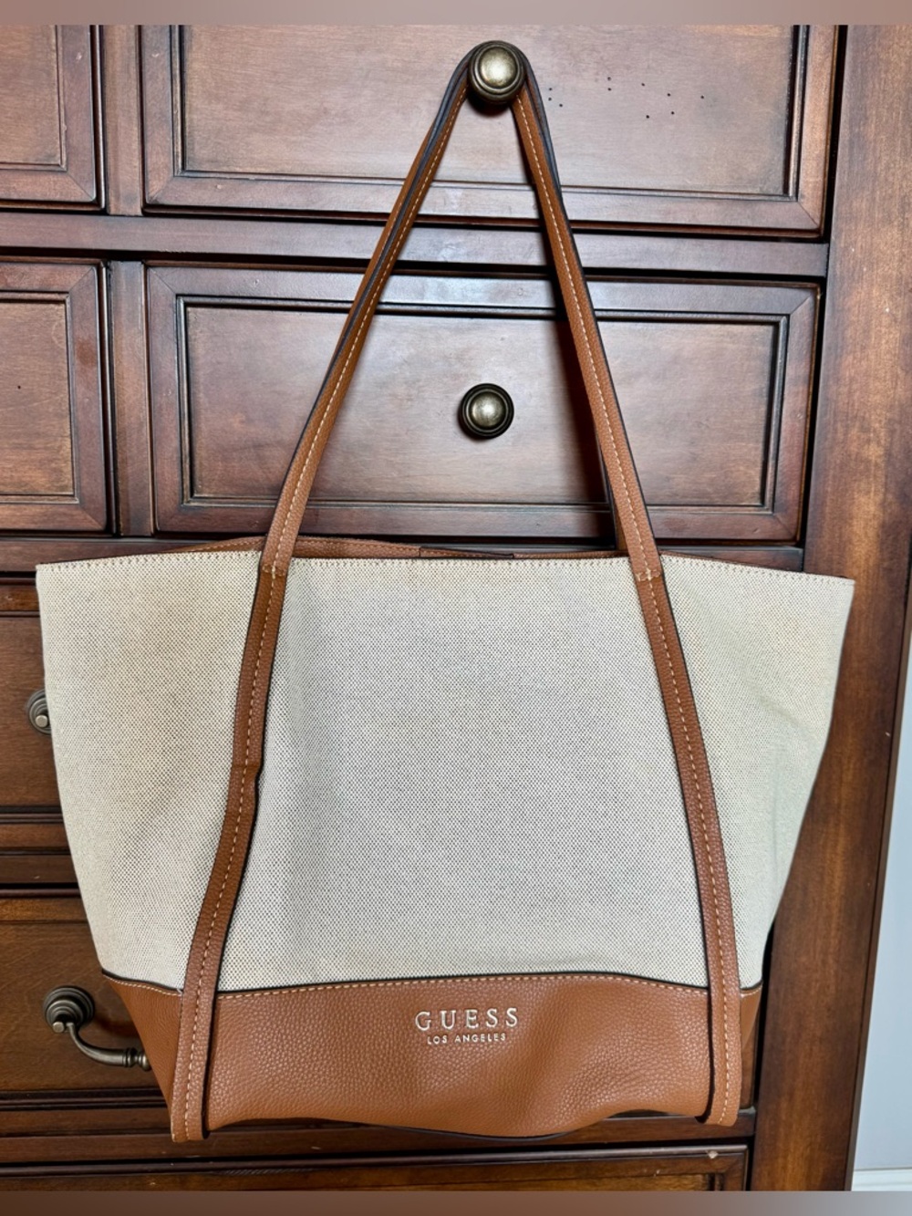 GUESS Beige Canvas Tote with Brown Leather Trim